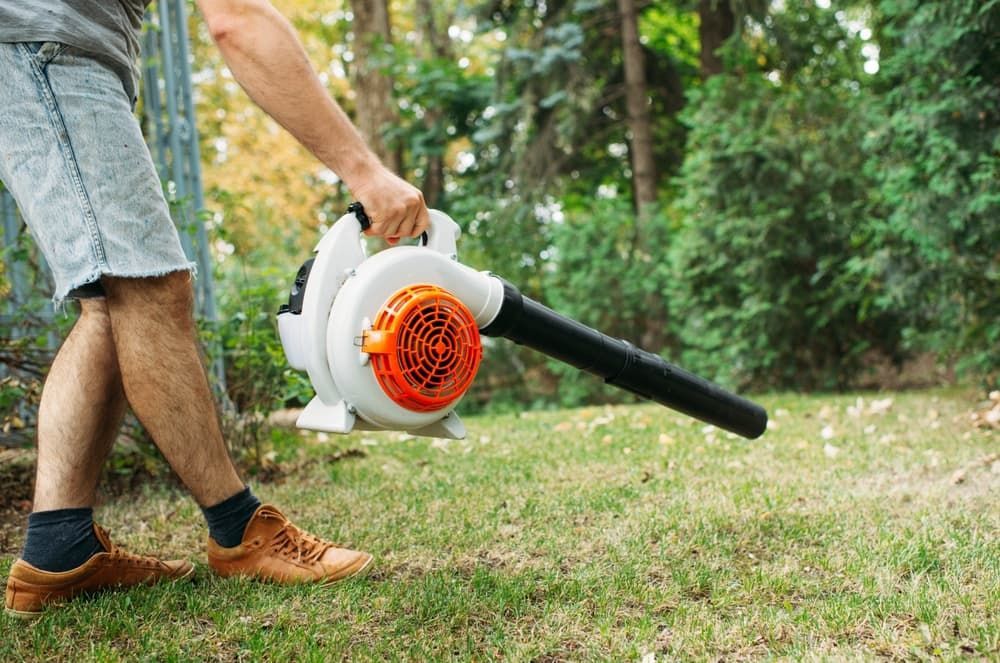 A Man Is Blowing Leaves in A Yard with A Blower — Stihl Shop Grafton in Coffs Harbour, NSW