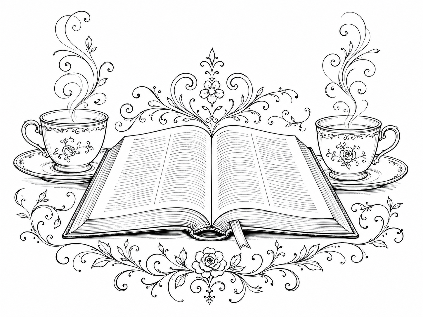 An open Bible with two cups of tea in elegant black-and-white line art