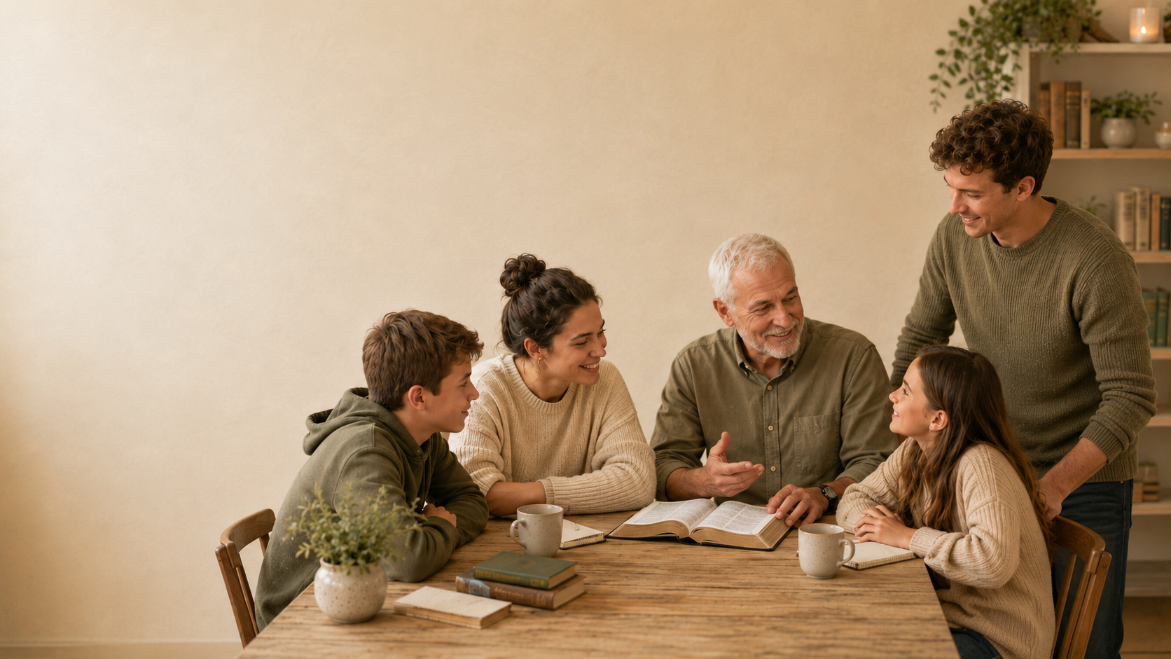 A warm family Bible study around a table