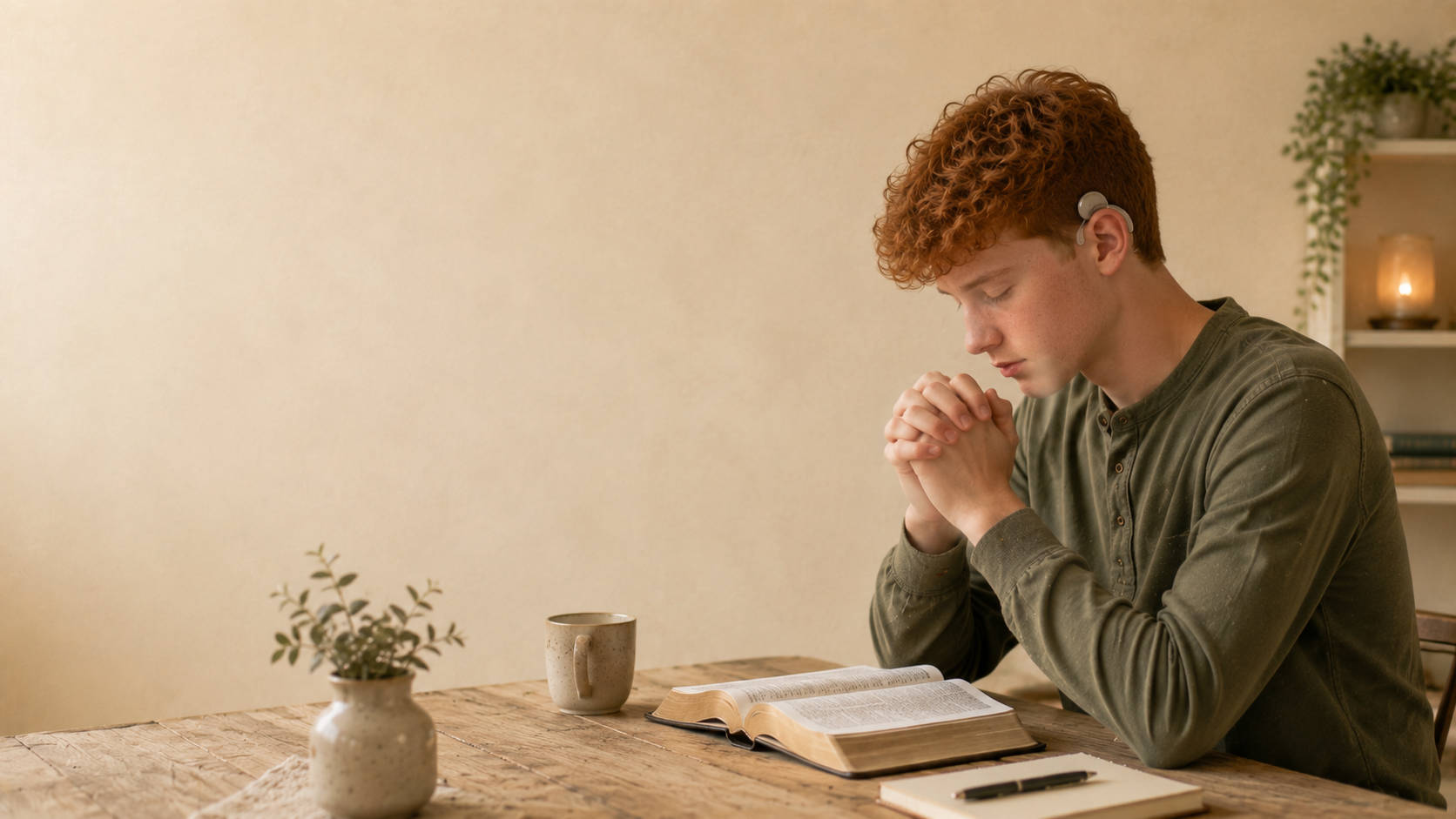 A young man praying quietly in a warm and peaceful room