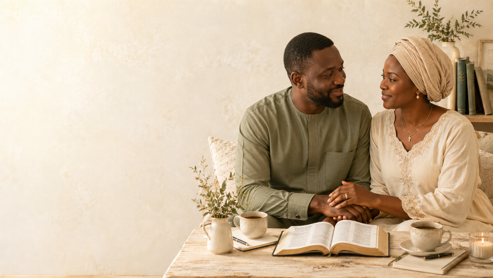 A Christian couple sharing a quiet devotional moment in a cosy home