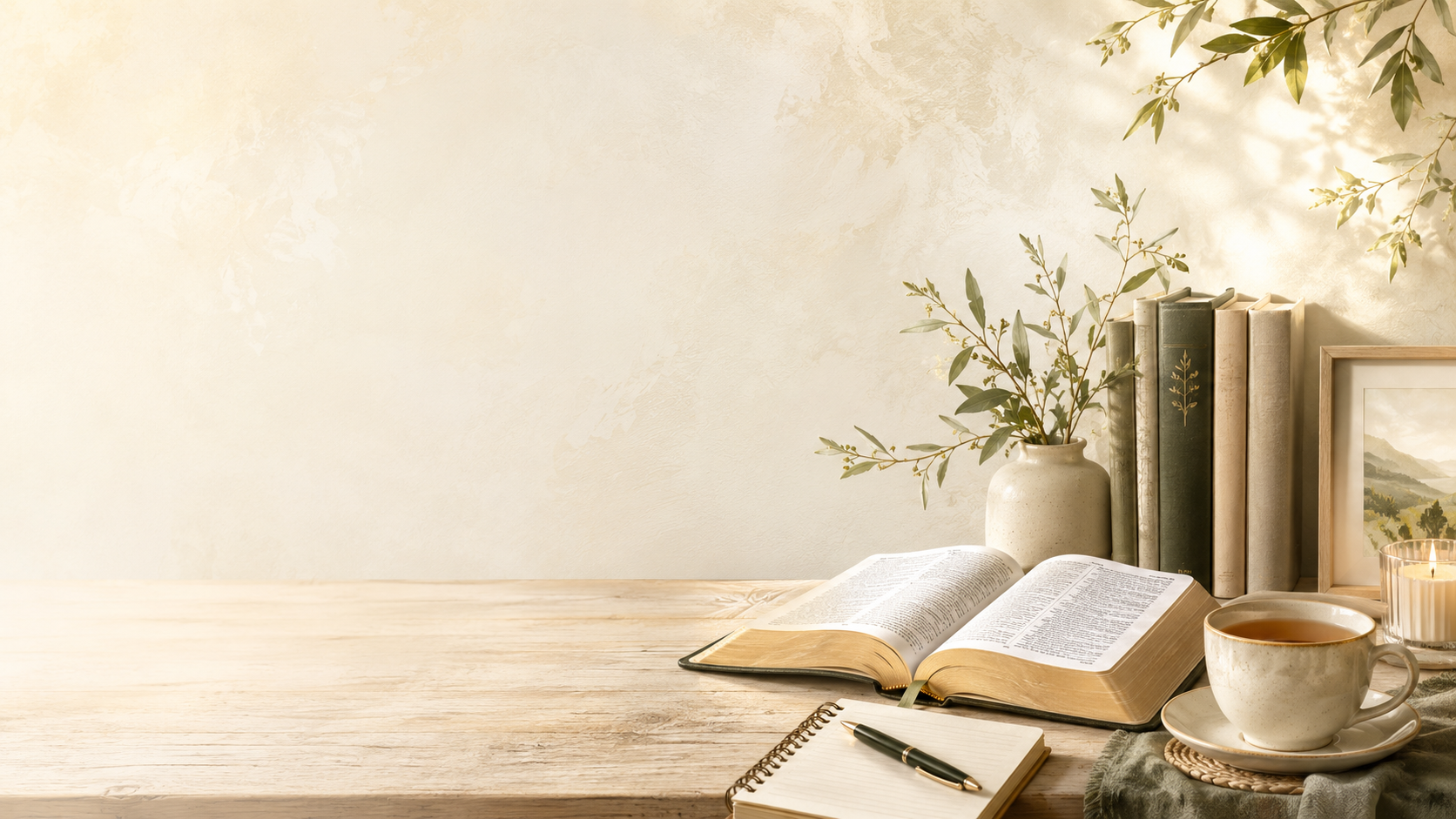 A serene study corner with natural light, a Bible, books, and a quiet reflective atmosphere