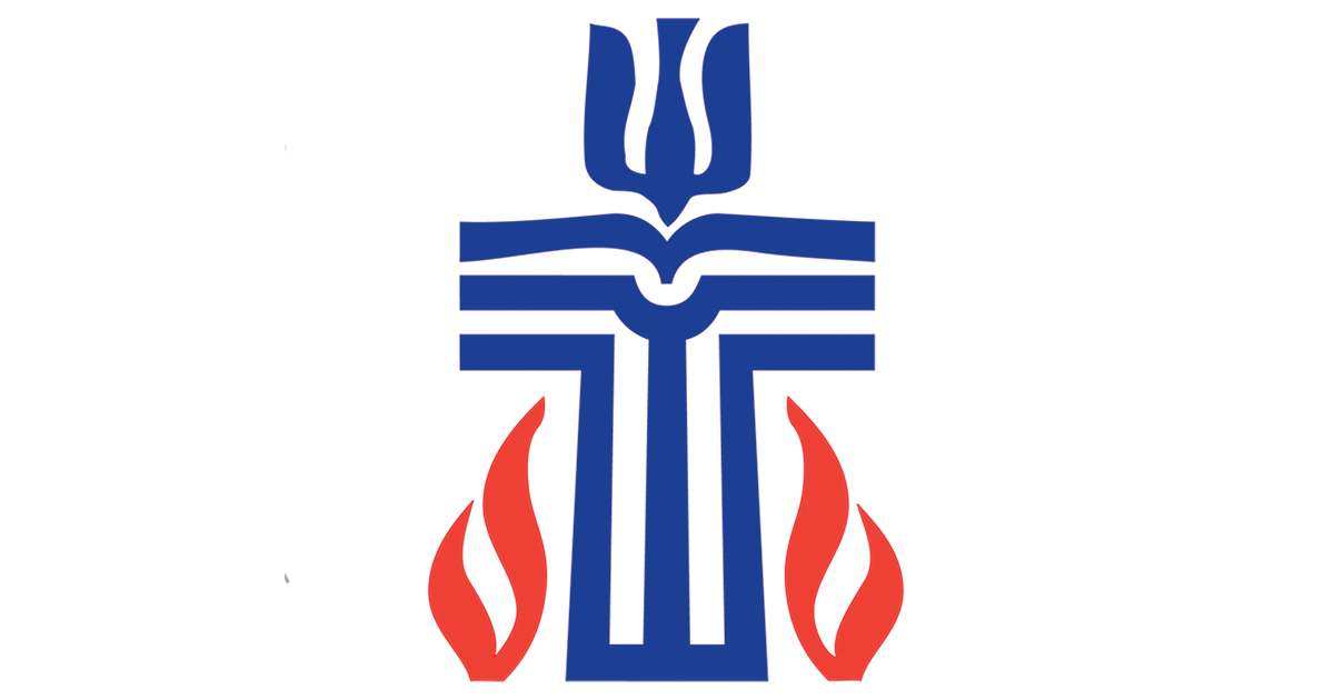 A blue , white and red logo with a cross and flames.