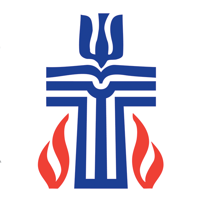 A blue cross with a red flame and a trident on a white background.