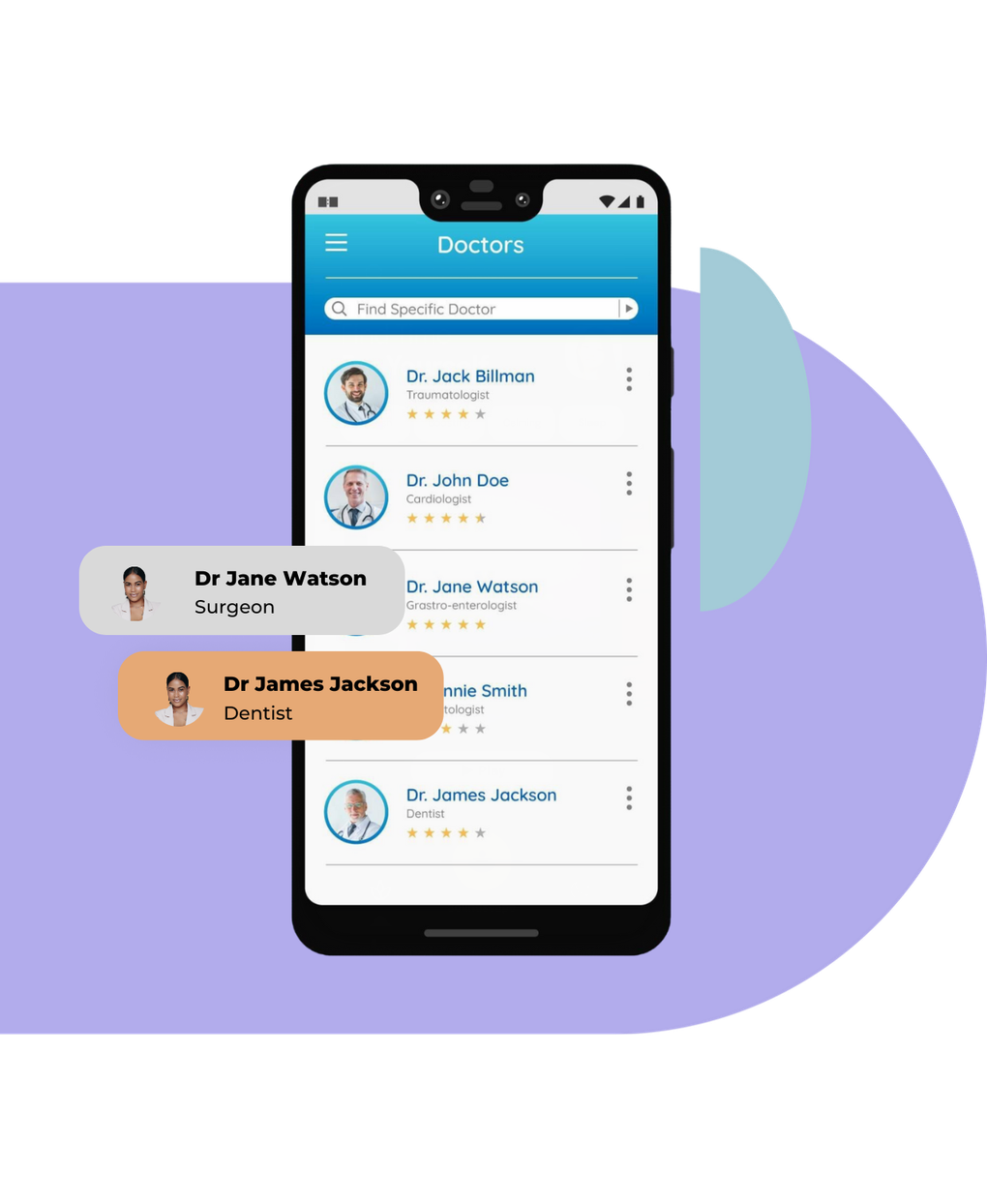A cell phone is displaying a list of doctors.