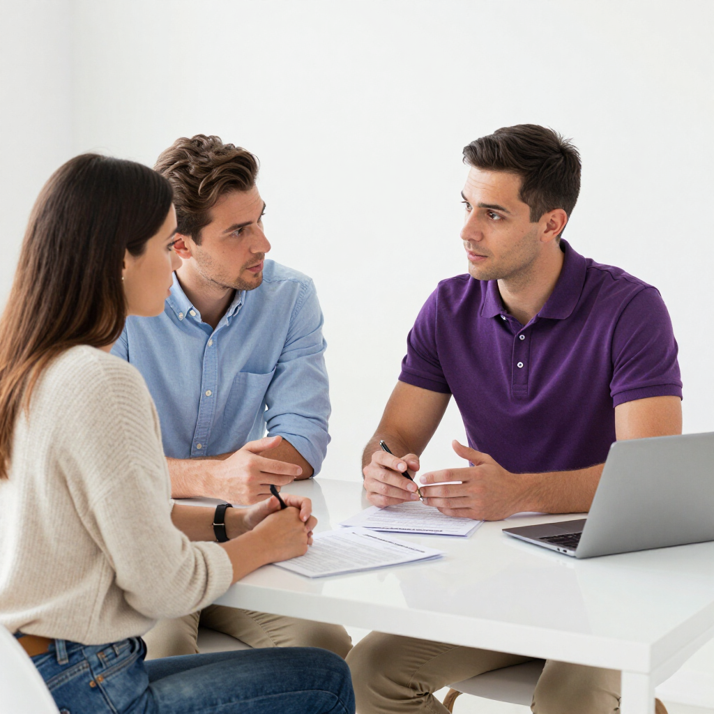 Three people in a meeting around a white table, discussing beside a laptop and papers.