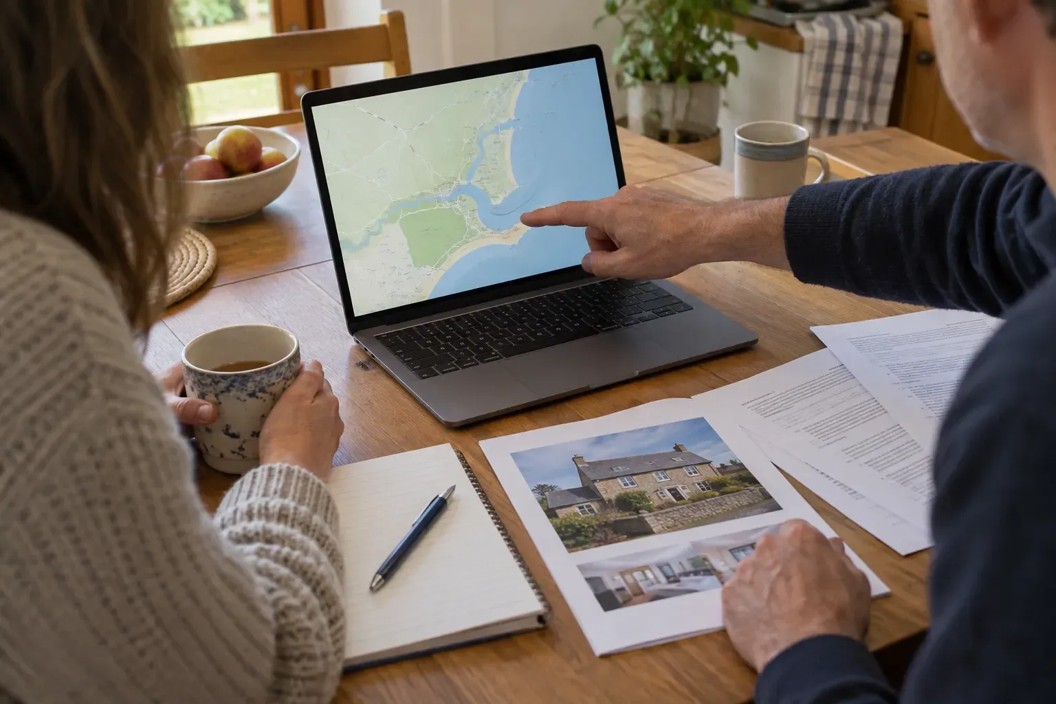 Two prospective buyers reviewing a coastal area map and property paperwork at a kitchen table.