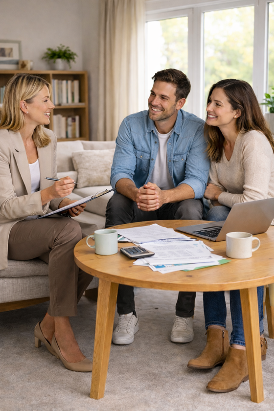 Three people talking on a sofa in a bright living room with papers and a laptop on the coffee table