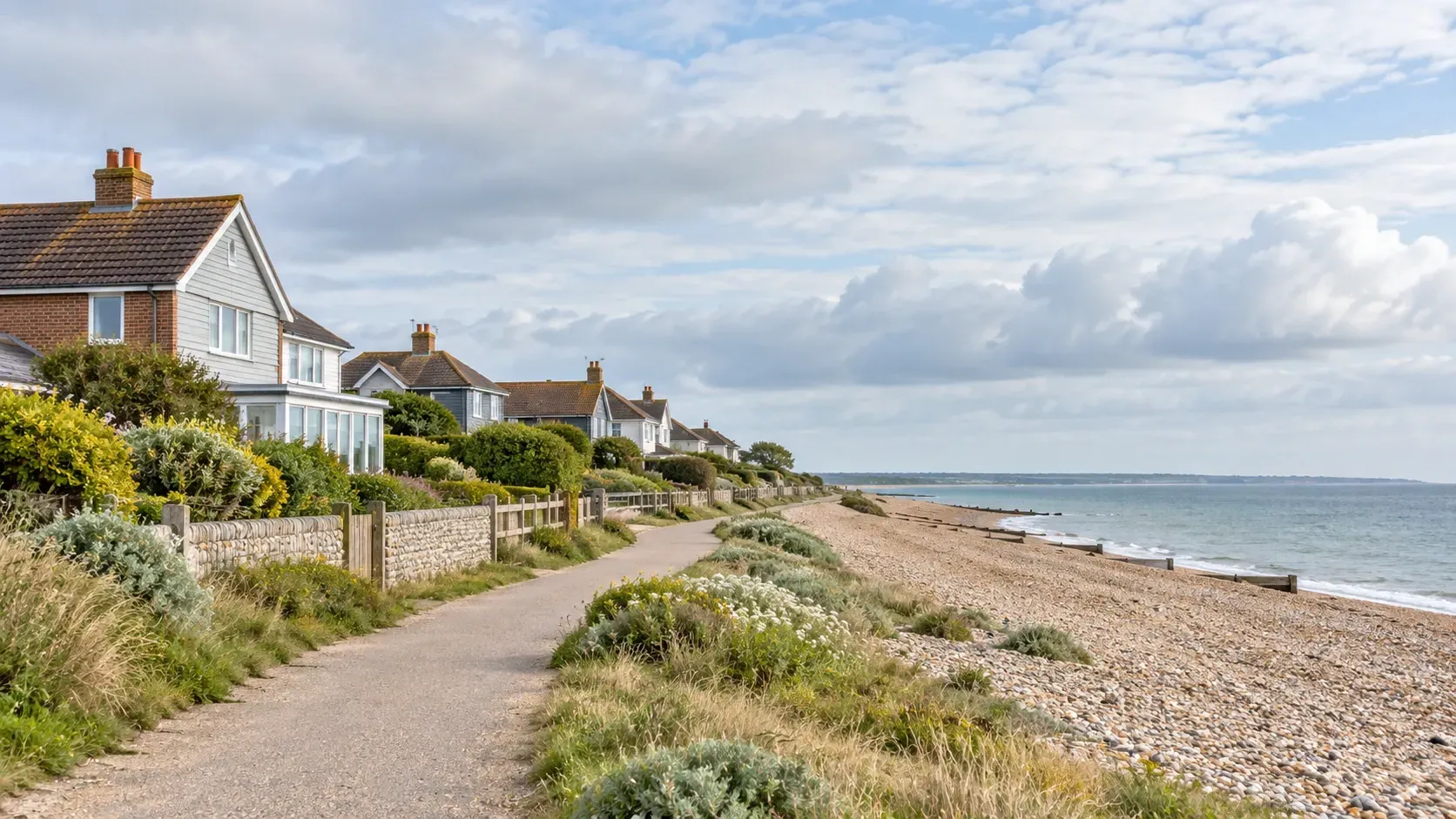 Coastal homes beside a shingle beach and footpath under a cloudy sky.