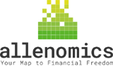 The Allenomics logo features a pixelated green rising bar graph above the text "allenomics" and "Your Map to Financial Freedom."