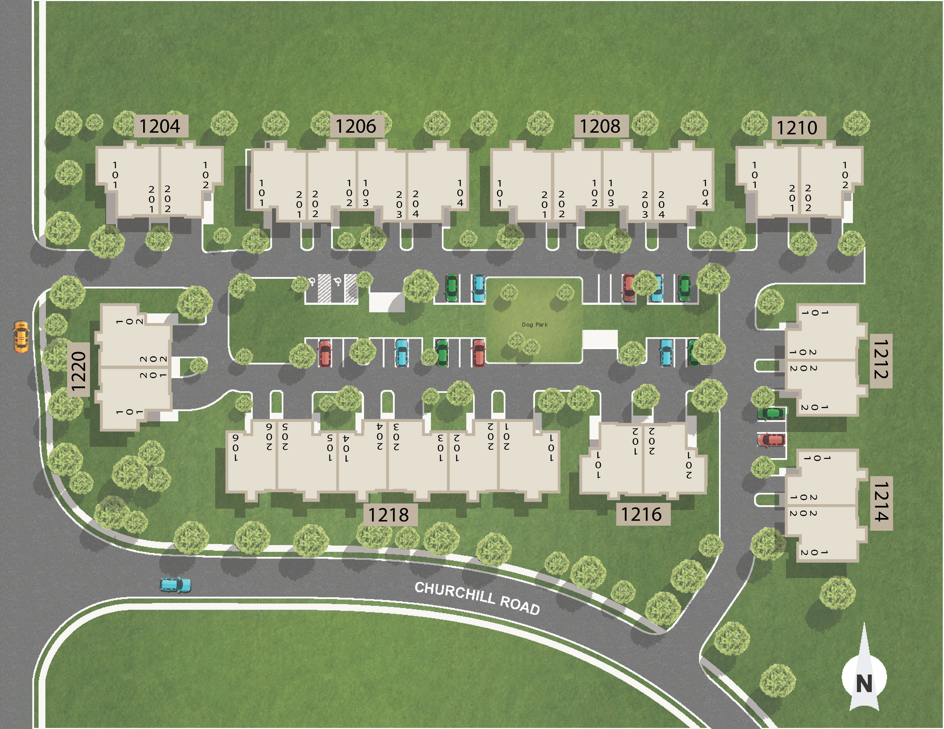 Site plan of apartment buildings, parking lots, roads, and green spaces in a residential complex.