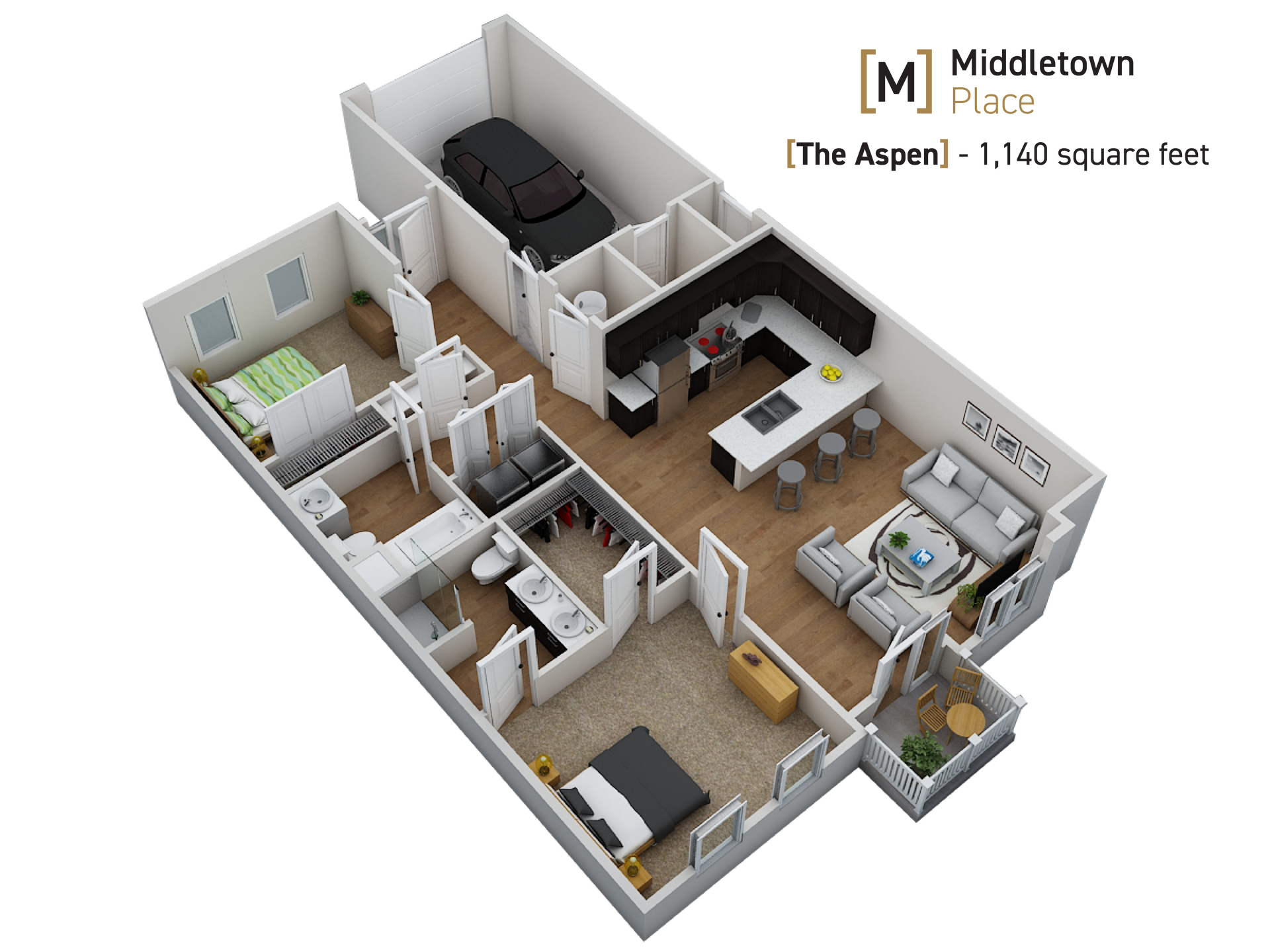 3D floor plan of a two-bedroom apartment with furniture, kitchen, living area, and bath.