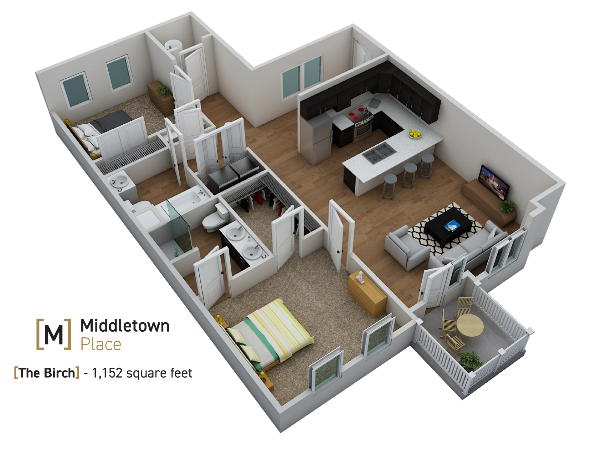 3D floor plan of a small apartment with open kitchen, living room, bedroom, and bathroom.