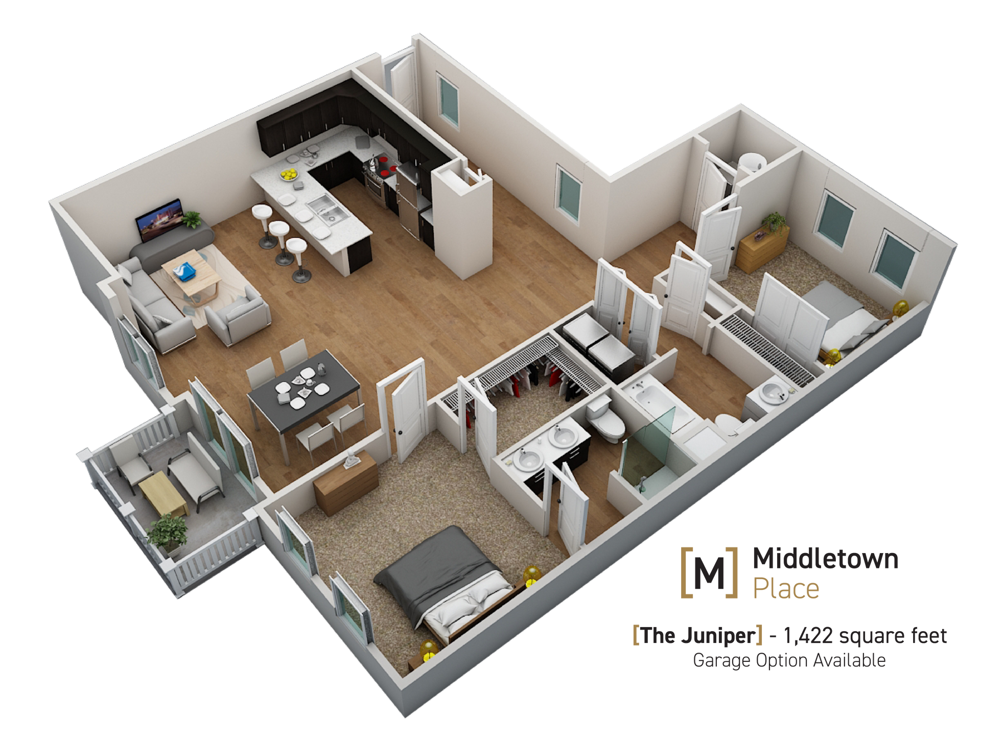 3D floor plan of a modern two-bedroom apartment with living room, kitchen, bath, and balcony.