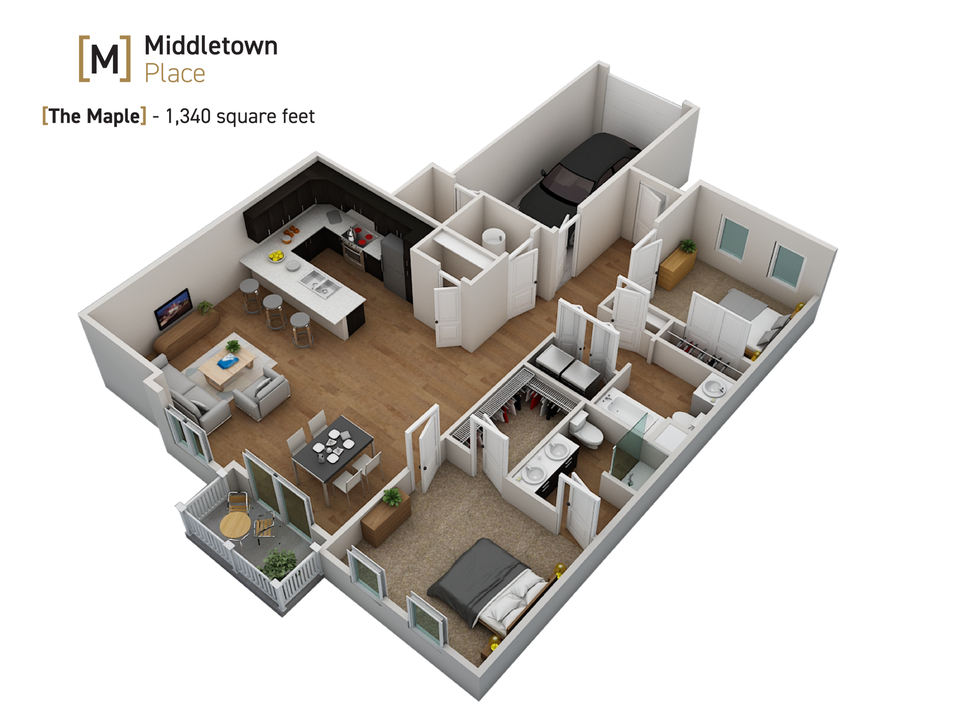 Isometric apartment floor plan with labeled rooms and furniture layout