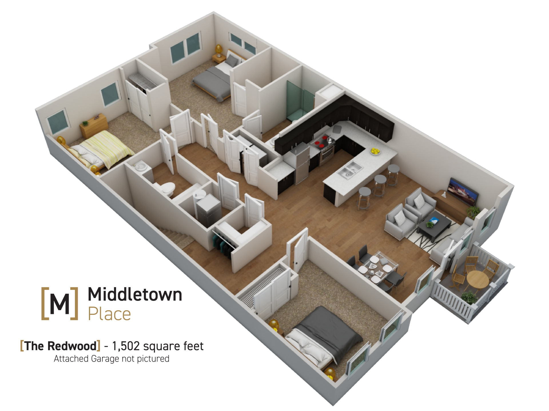 3D floor plan of a two-bedroom apartment with living room, kitchen, bath, and balcony.