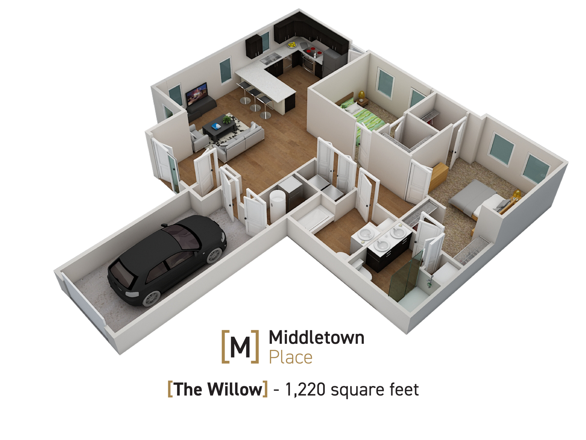 3D apartment floor plan with garage, kitchen, living room, and multiple bedrooms; labeled Middleton The Willow, 1,220 sq ft