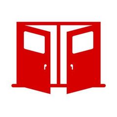 Red, stylized image of two open doors.