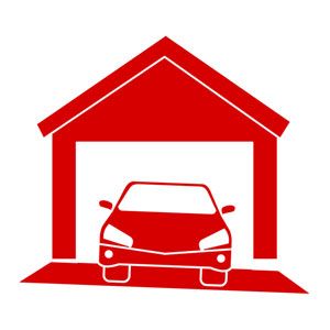 Red car inside a red garage icon.