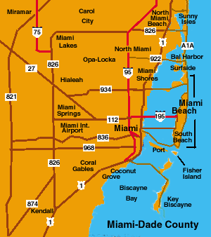Color-coded map of Miami-Dade County with cities, roads, and water areas labeled.