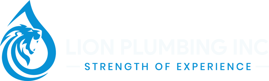 Blue lion plumbing logo with water droplet icon and slogan “Strength of Experience”