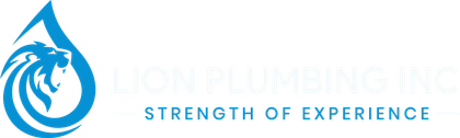 Blue water droplet logo with a lion, “Lion Plumbing Inc” and slogan “Strength of Experience”