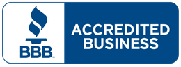 BBB Accredited Business logo, blue and white with torch symbol.