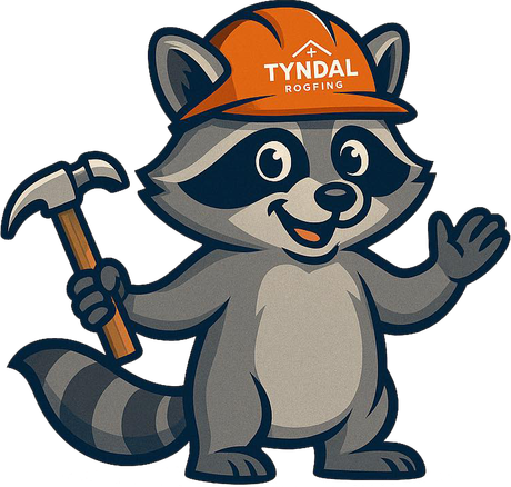 Cartoon raccoon wearing an orange hard hat, holding a hammer, waving.