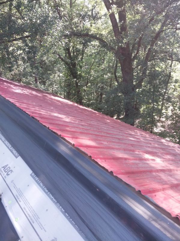 Red metal roof with a black edge, trees in the background.