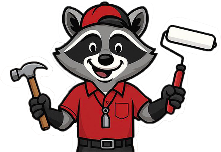 Cartoon raccoon wearing a red shirt and cap, holding a hammer and paint roller.