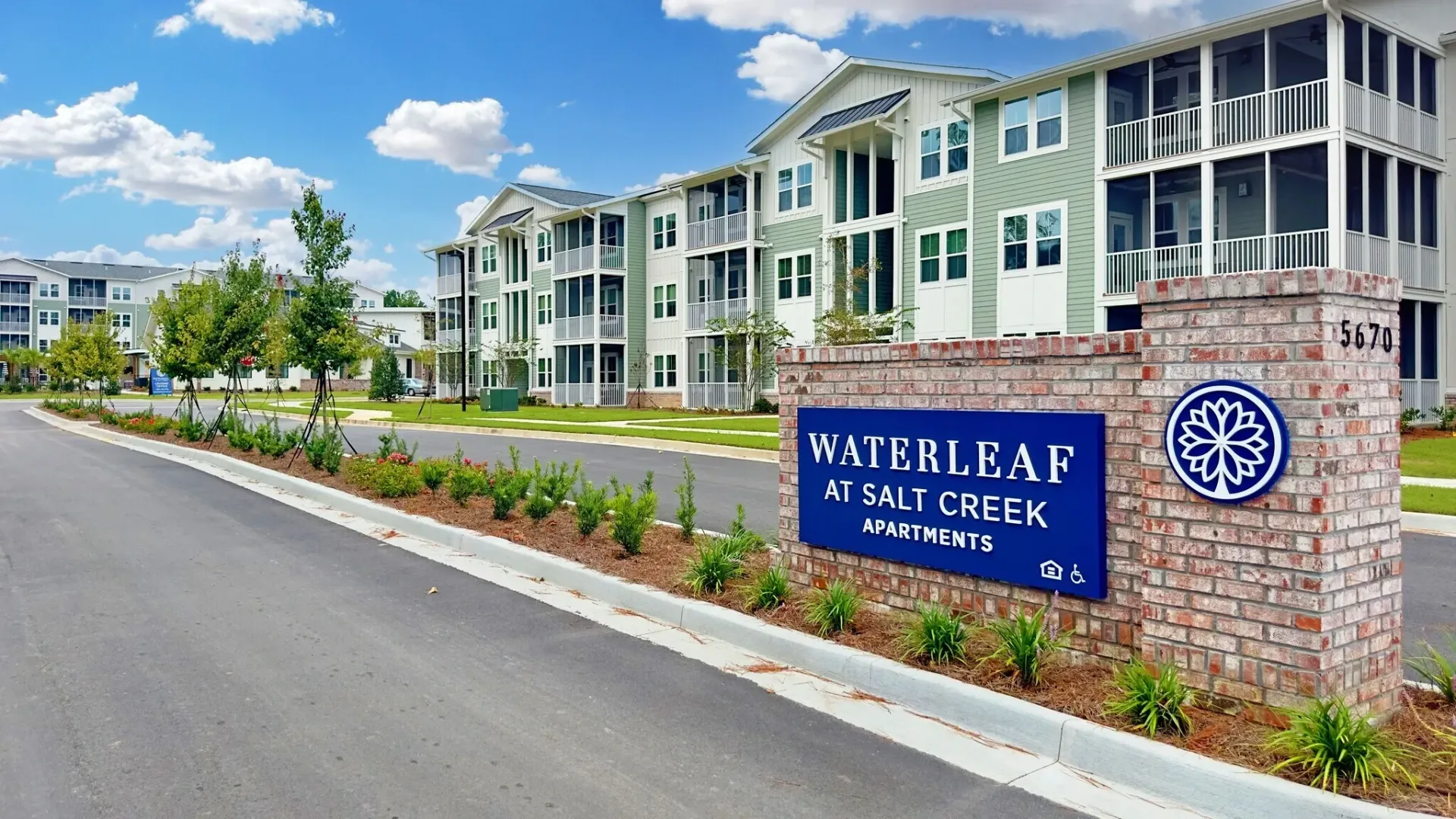 Waterleaf at Salt Creek Apartments monument sign and building exterior.