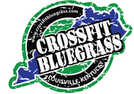 Logo for CrossFit Bluegrass in Louisville, Kentucky, with text over a map of Kentucky, and website address.