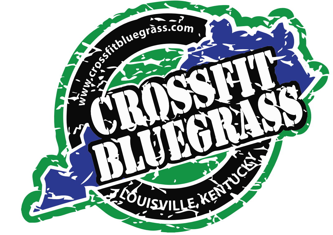 Logo for CrossFit Bluegrass in Louisville, Kentucky, with text over a map of Kentucky, and website address.