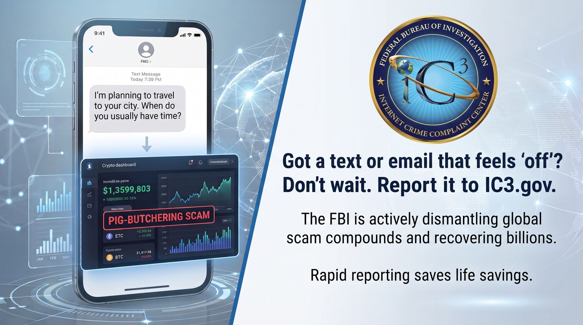Picture of a scam text received on a mobile phone, and instructions to report it to IC3.gov