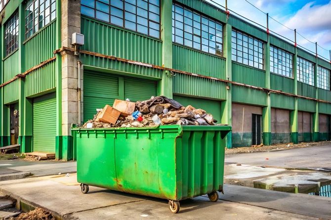 Green dumpster overflowing with trash outside an industrial building.