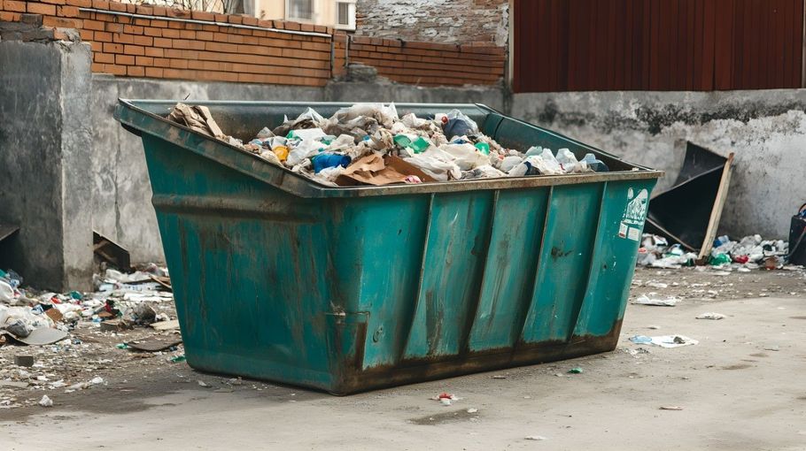 Overflowing green dumpster in a dirty alley, surrounded by scattered trash and debris.