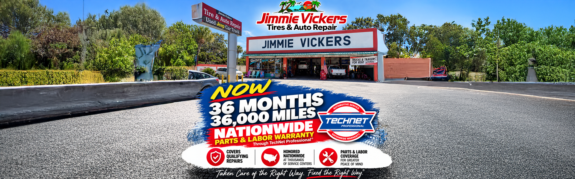 Promotional sign at Prime Wokers with bold red, white, and blue text on a roadside display