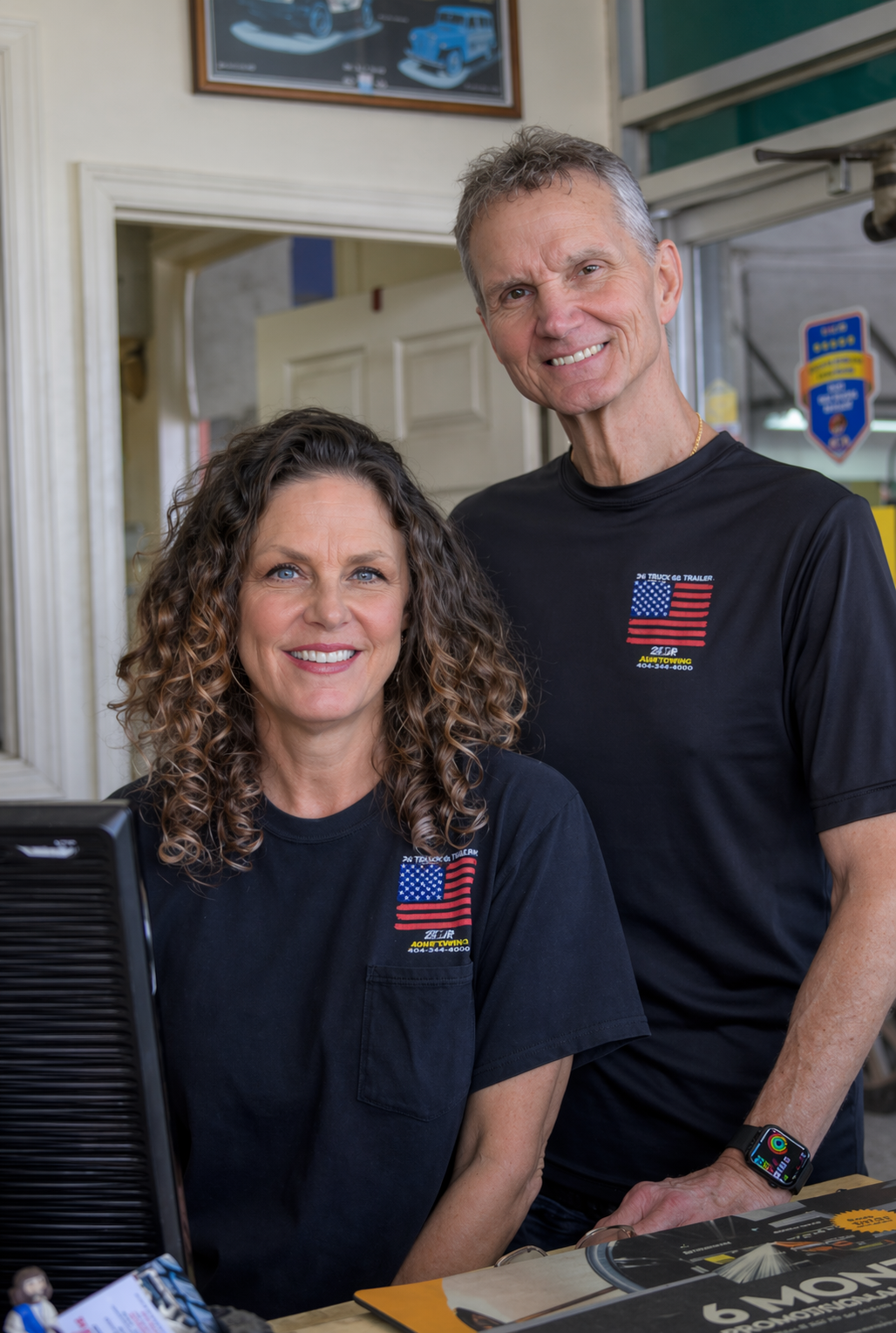 Two smiling people in black T-shirts stand indoors by a doorway.