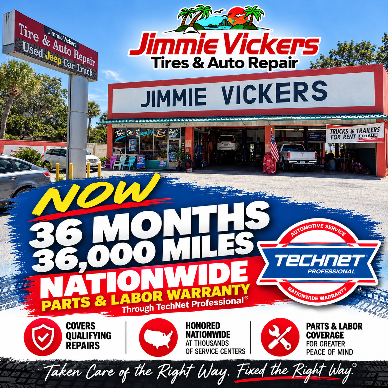 Jimmie Vickers Tires & Auto Repair storefront with large banner for 36 months, 36,000 miles nationwide warranty