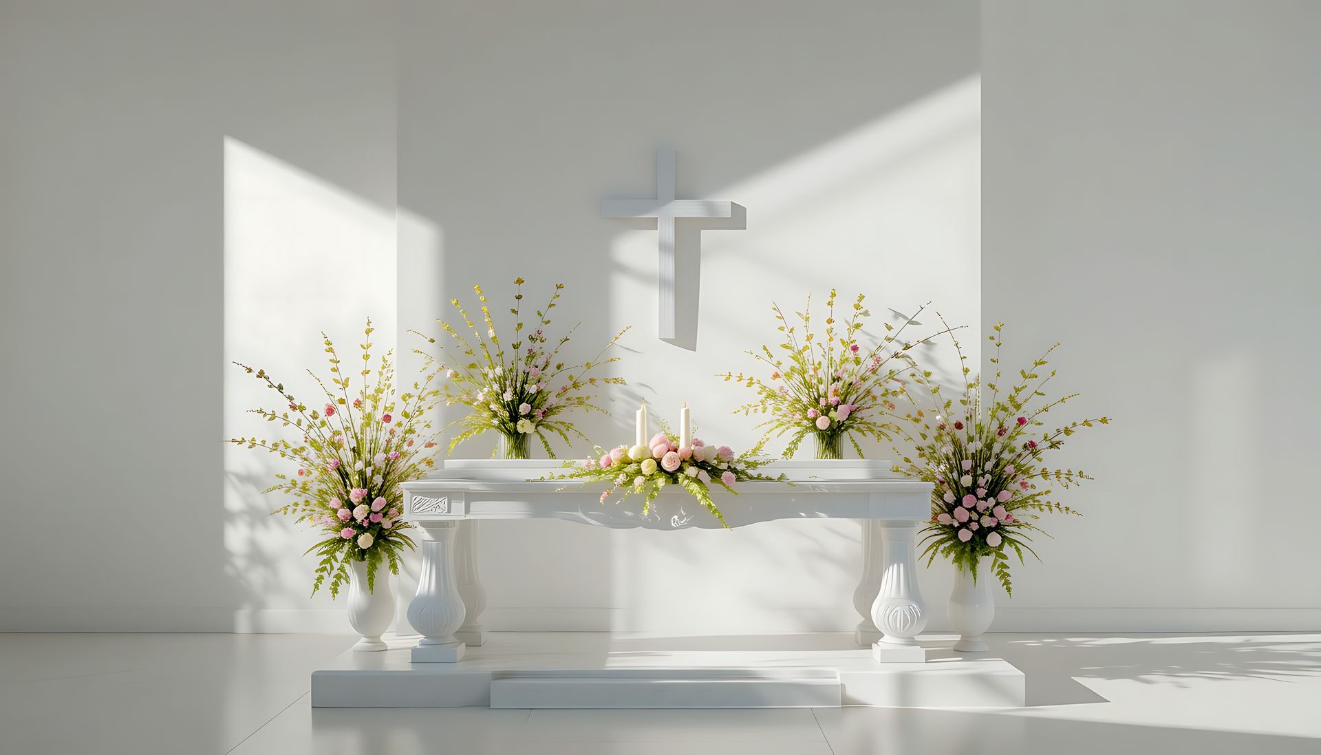 White altar with flowers, candles, and cross in sunlit room.