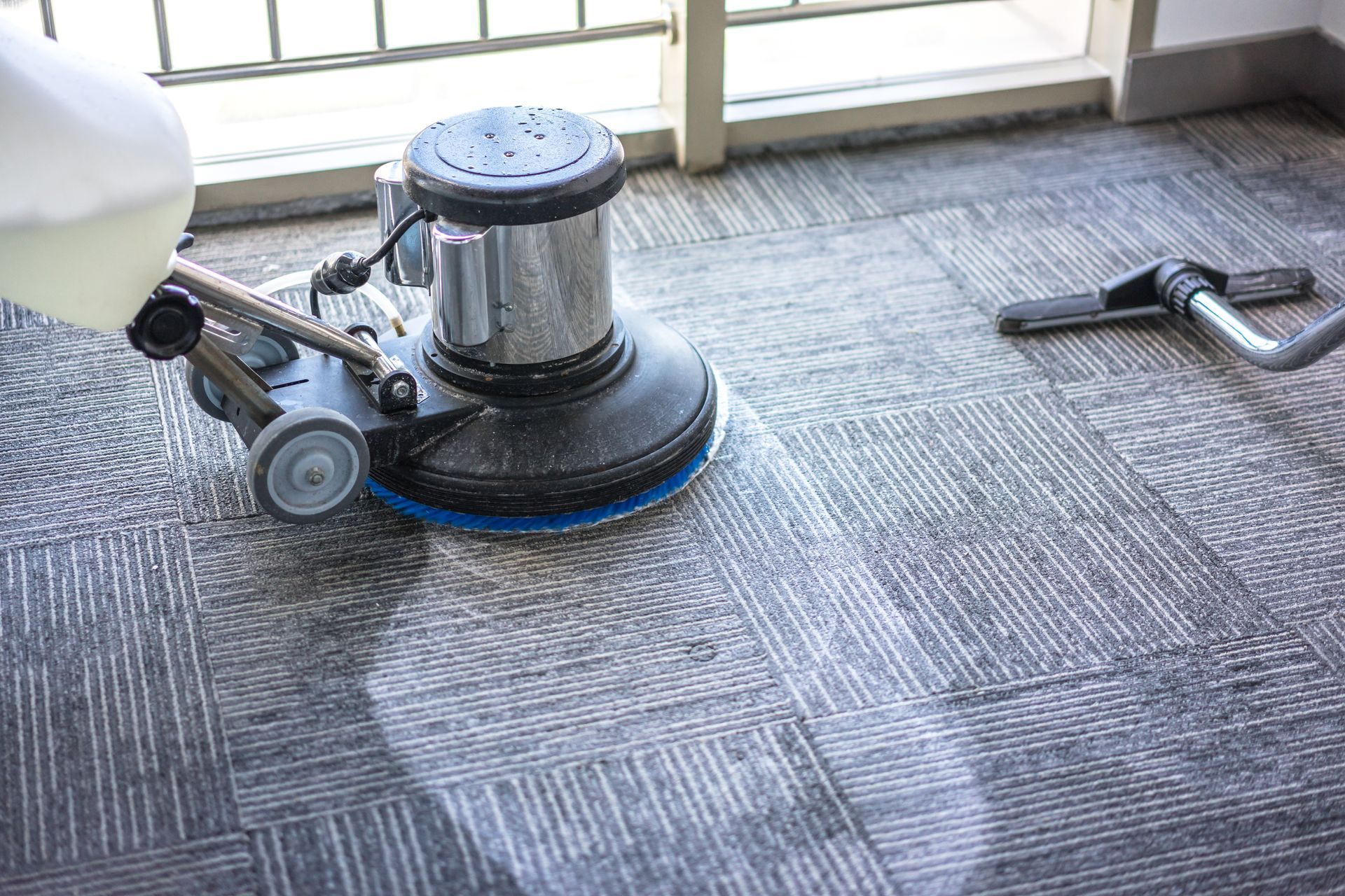 Carpet cleaning machine scrubbing a gray and blue carpet near a window.