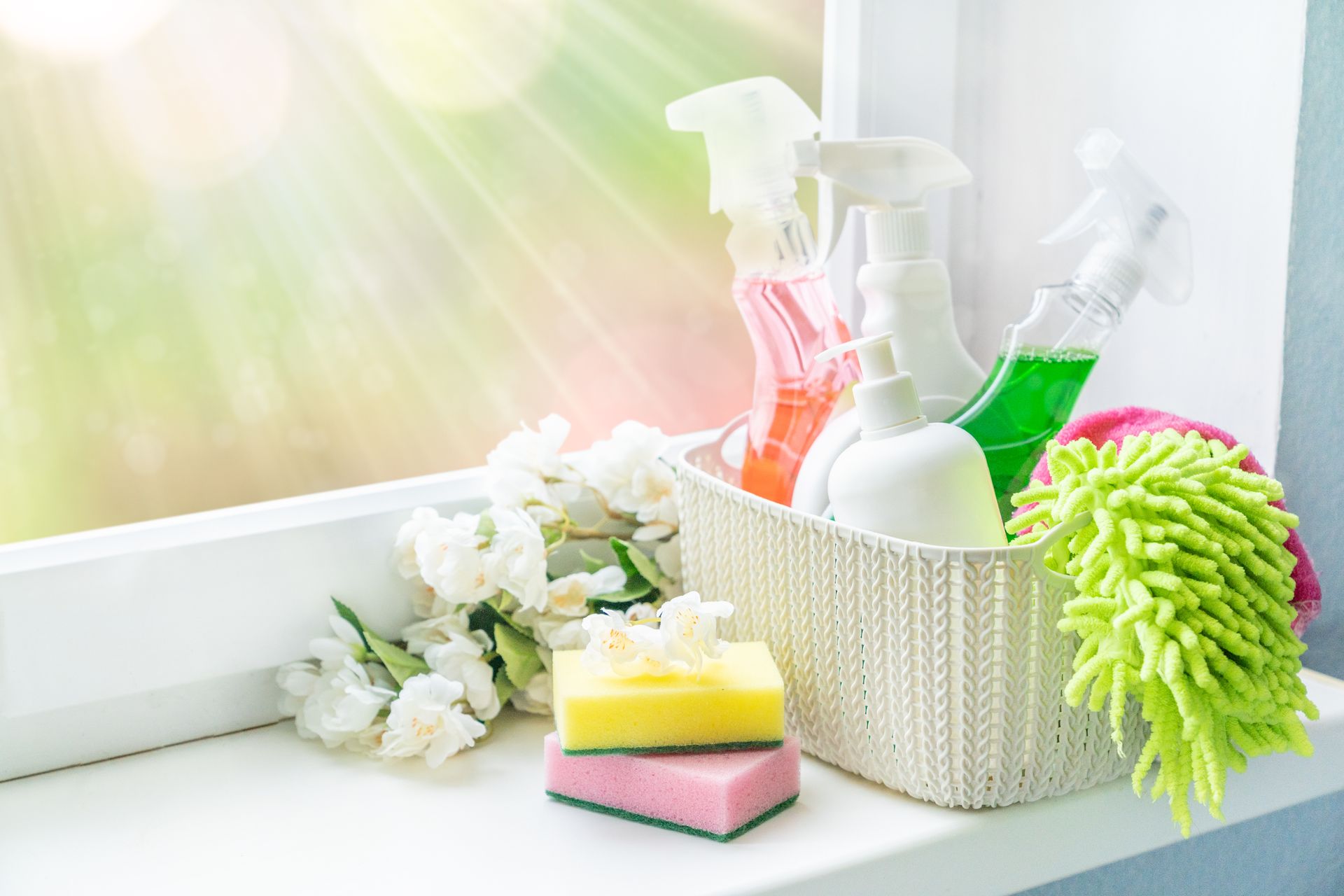 Cleaning supplies in a basket on a windowsill with sunlight, including spray bottles and sponges.