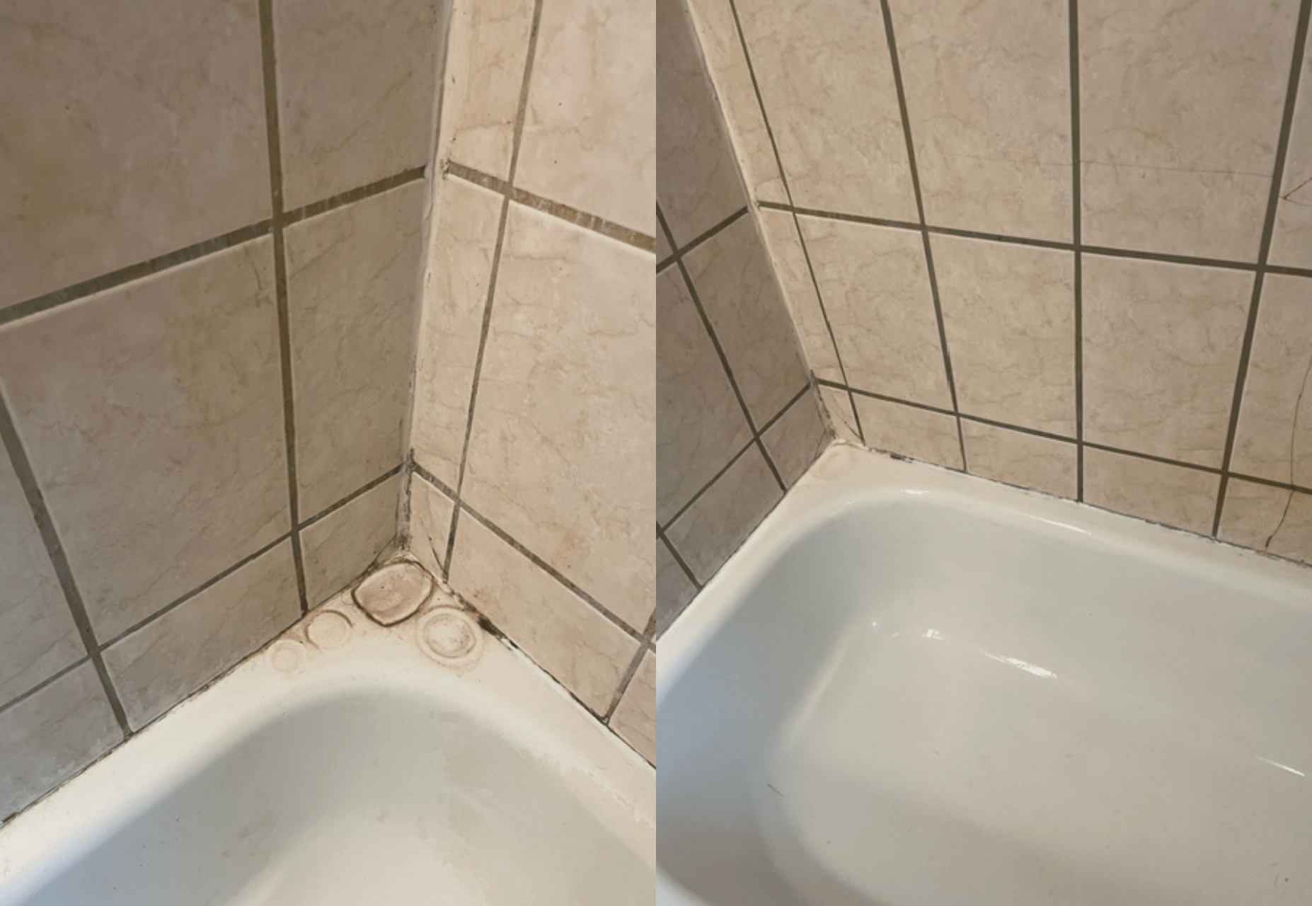 Before and after view of a bathtub corner; stained caulk is cleaned, revealing white caulk. Tan tile.