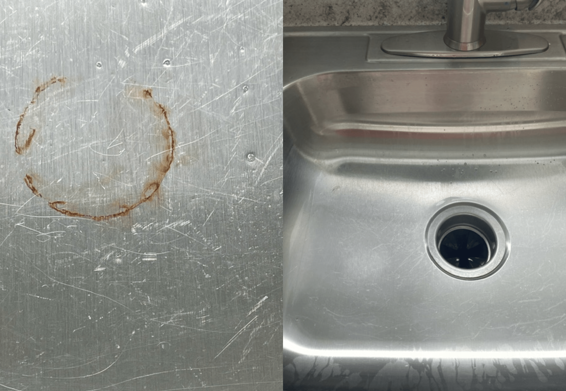 A metal sink with a faucet, and a metal surface with a circular brown stain.