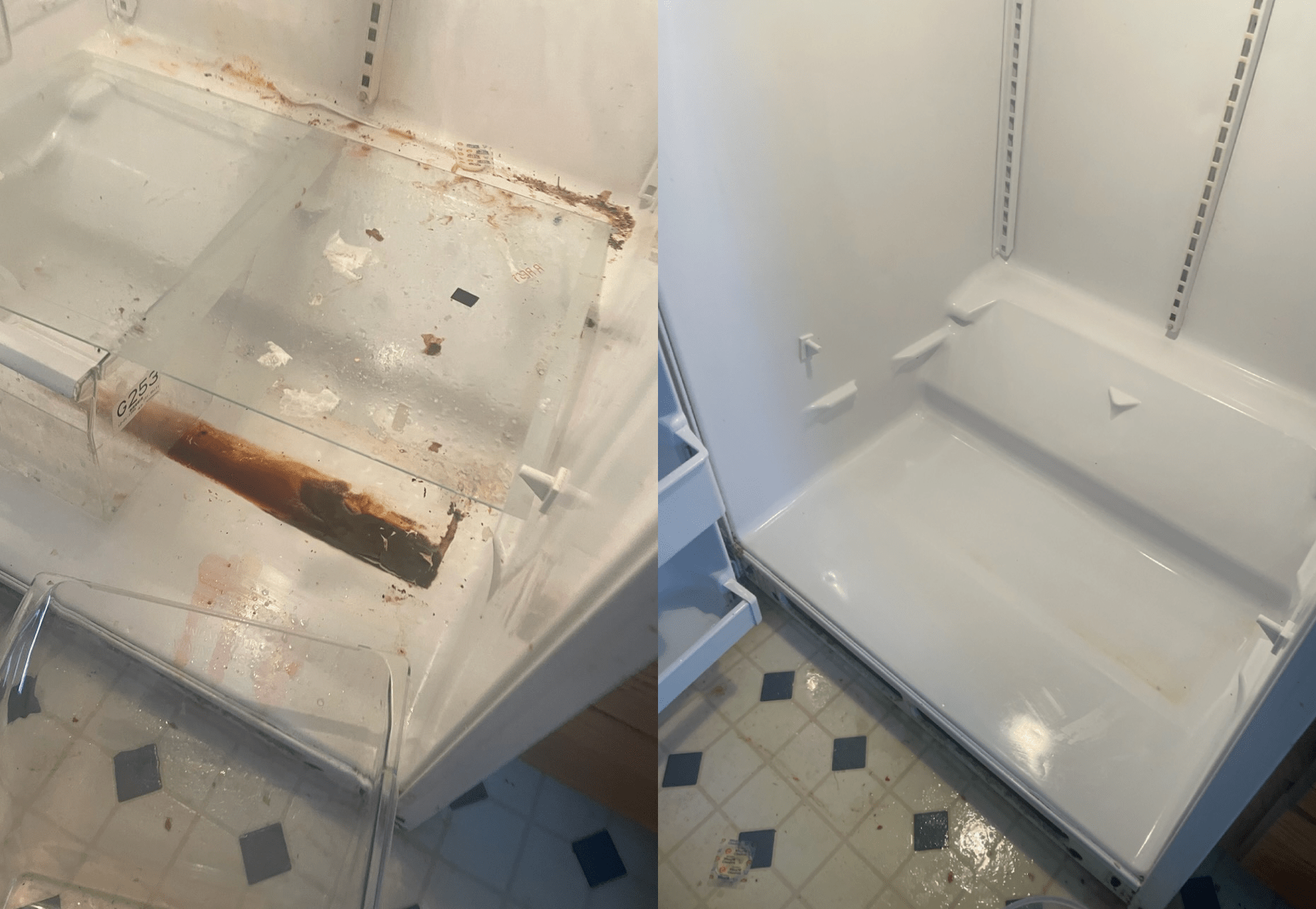 Before and after photos of a refrigerator interior. Left side dirty, right side clean. White interior, shelves, and floor.