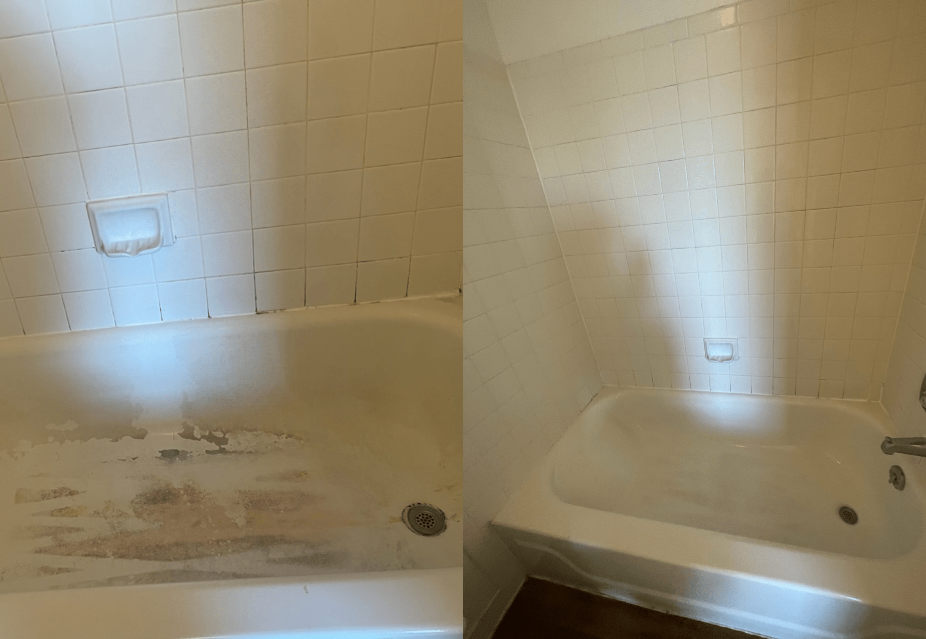 Before and after view of a white bathtub and tiled shower, showing significant cleaning improvement.