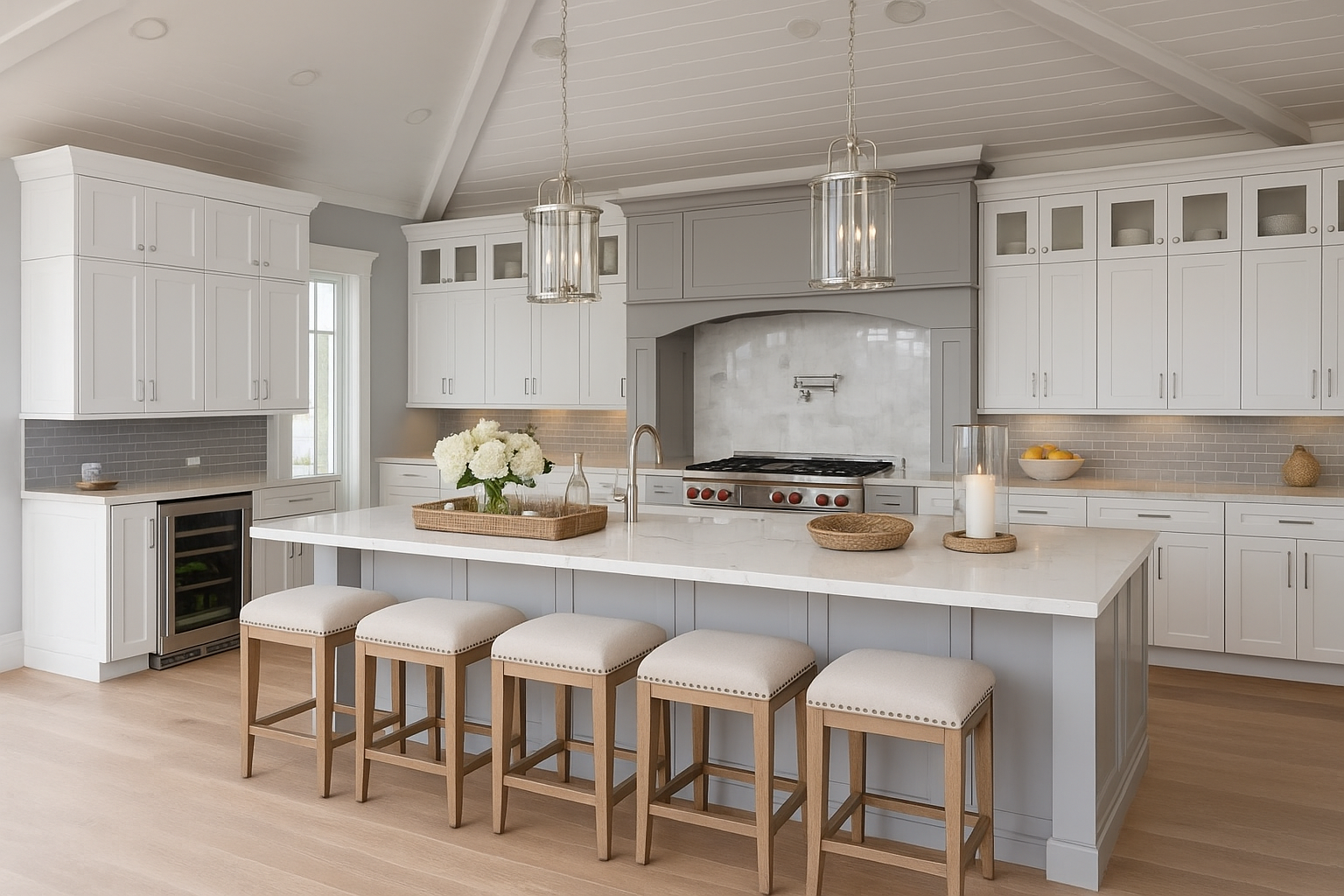 A bright, modern kitchen with a large island and bar stools. White cabinets, gray accents, and light wood floors.