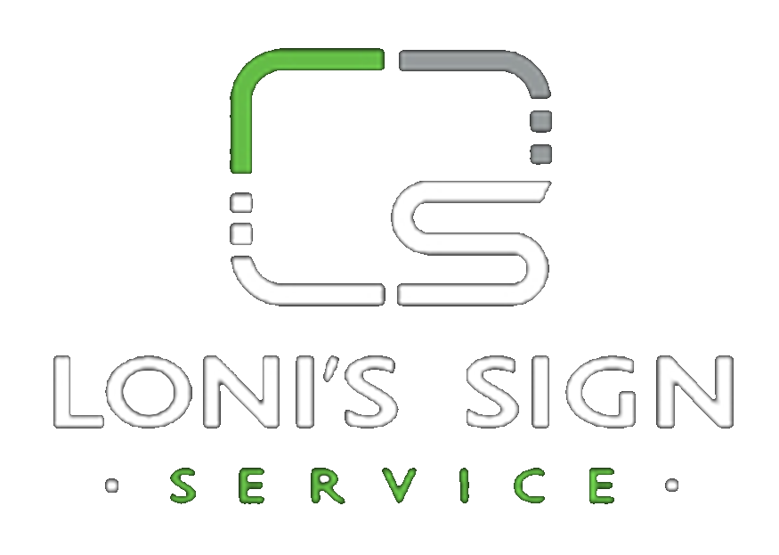 Logo for Loni's Sign Service. Green and gray square brackets with an "S" inside. Text below is "Loni's Sign Service."