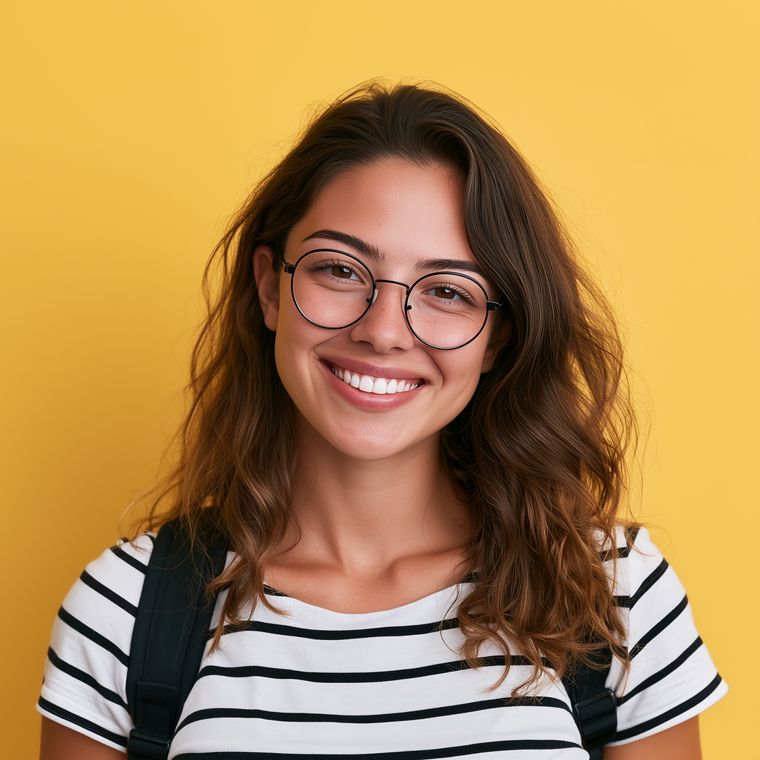 Smiling person with glasses in a striped shirt against a yellow background