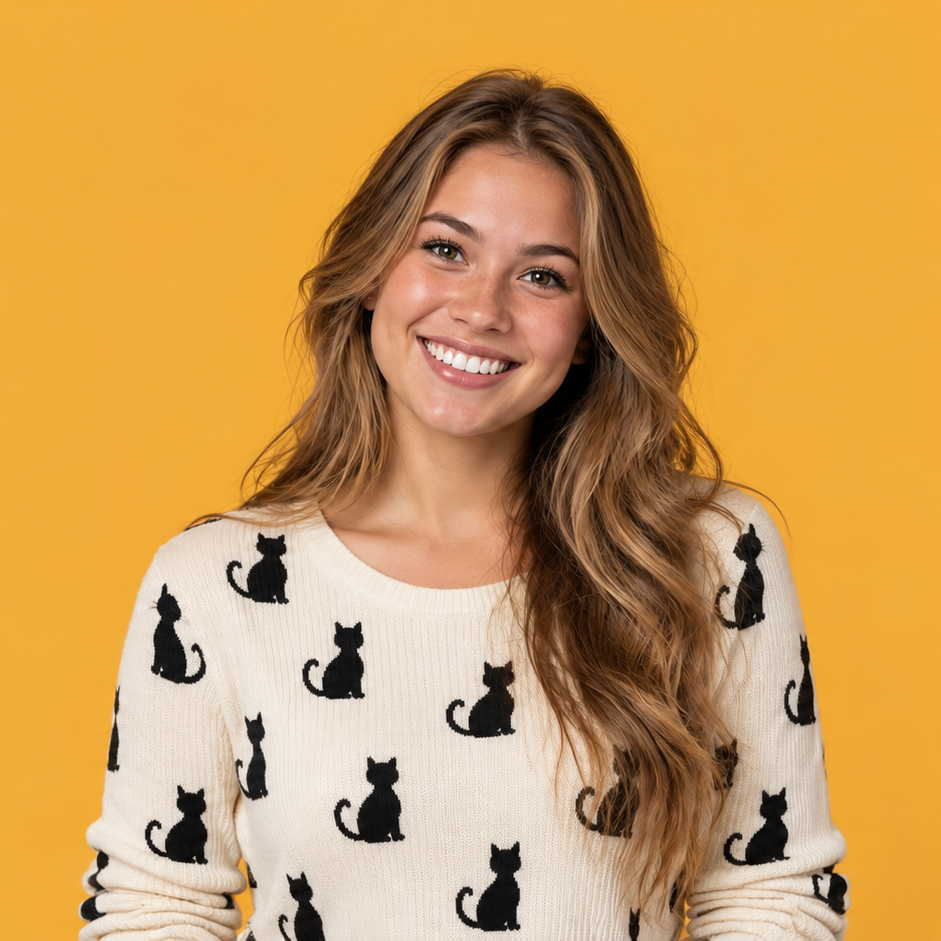 Smiling woman in a cream sweater with black cat patterns against a yellow background